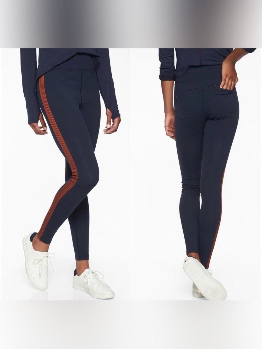 Athleta Track Tux High Rise Leggings Navy Blue Rust Brown Stripe Size M EUC
